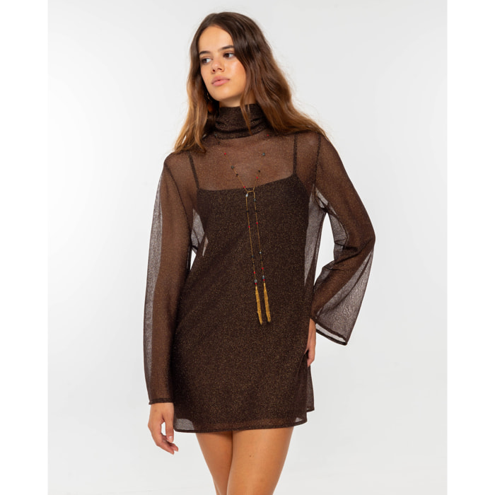 Vestido corto de tul con lurex y manga larga evasé de mujer