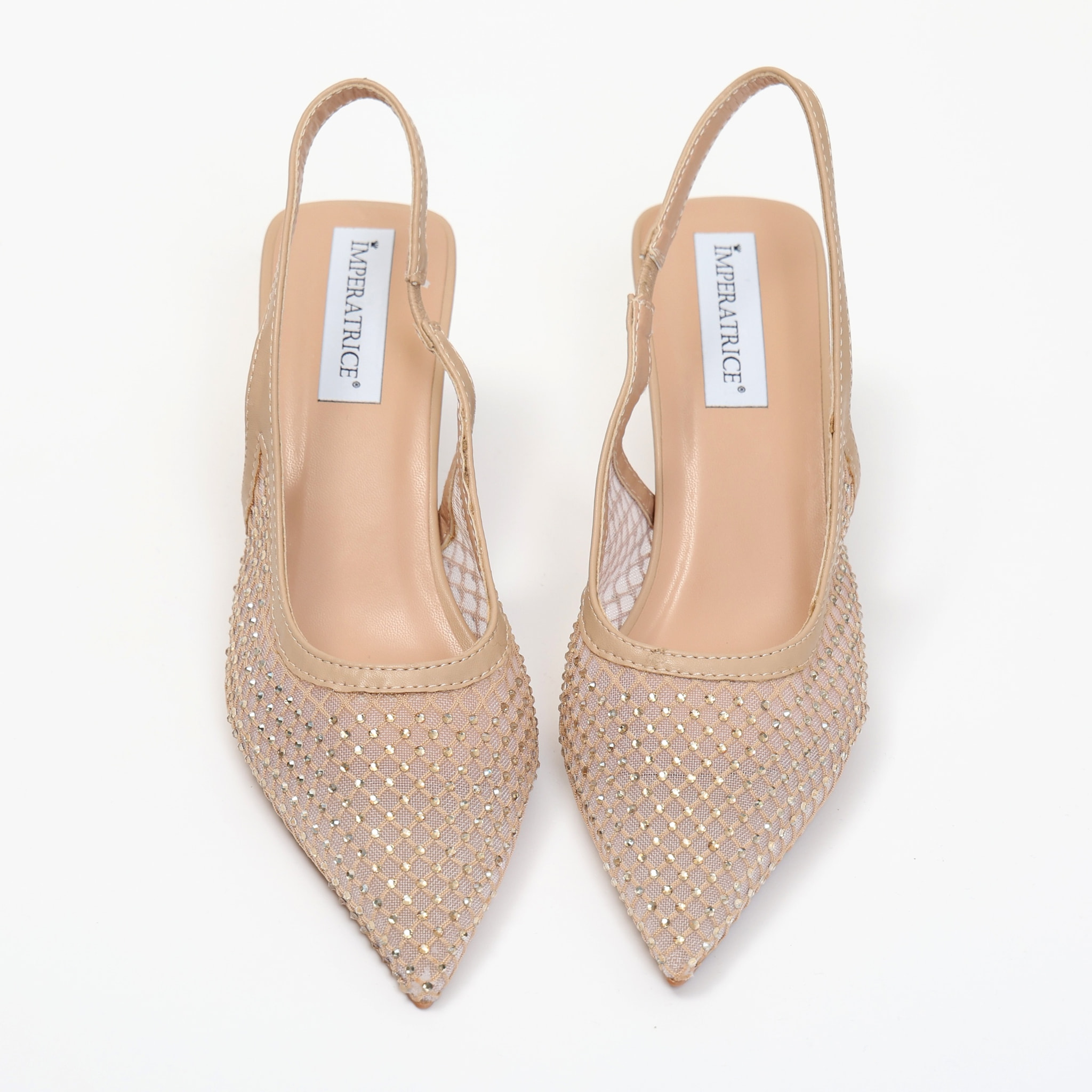 Dècolletè slingback con tacco a rocchetto in tessuto traforato con strass