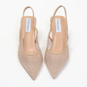 Dècolletè slingback con tacco a rocchetto in tessuto traforato con strass