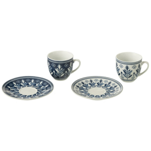 J-Line tasse + sous-tasse Feuilles - céramique - bleu foncé - boîte de 6