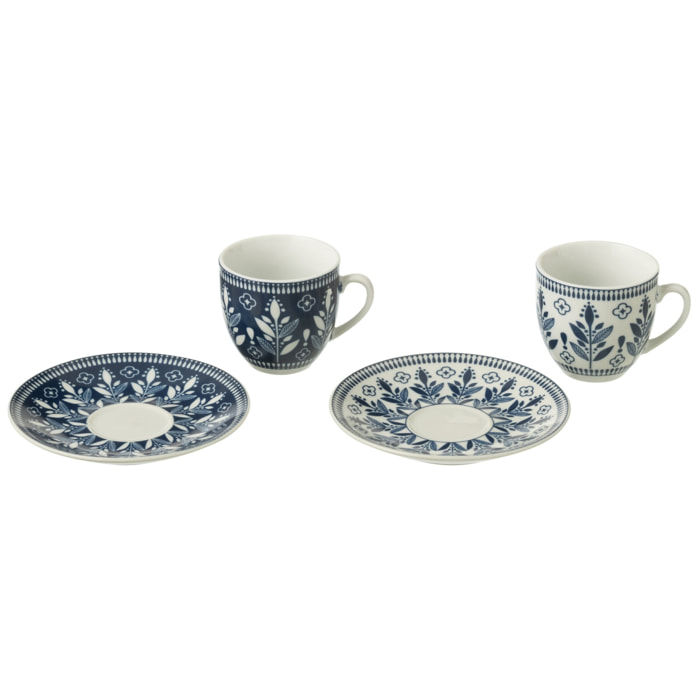 J-Line tasse + sous-tasse Feuilles - céramique - bleu foncé - boîte de 6