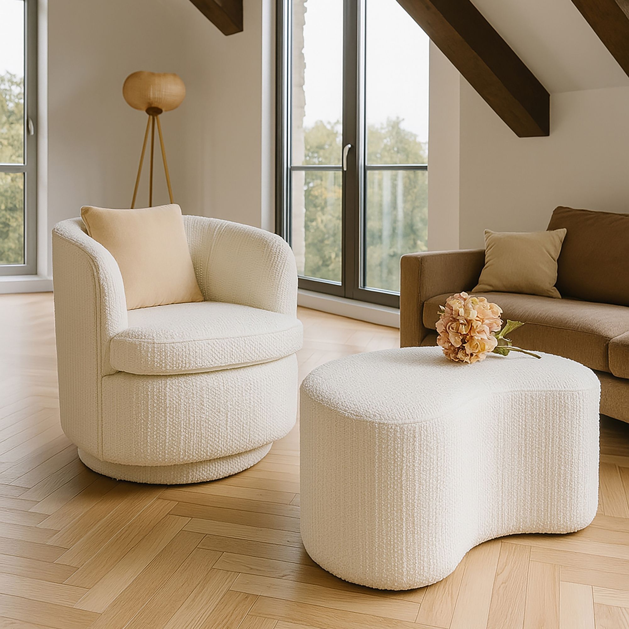 Banc en bouclette blanche et structure en bois  MALO