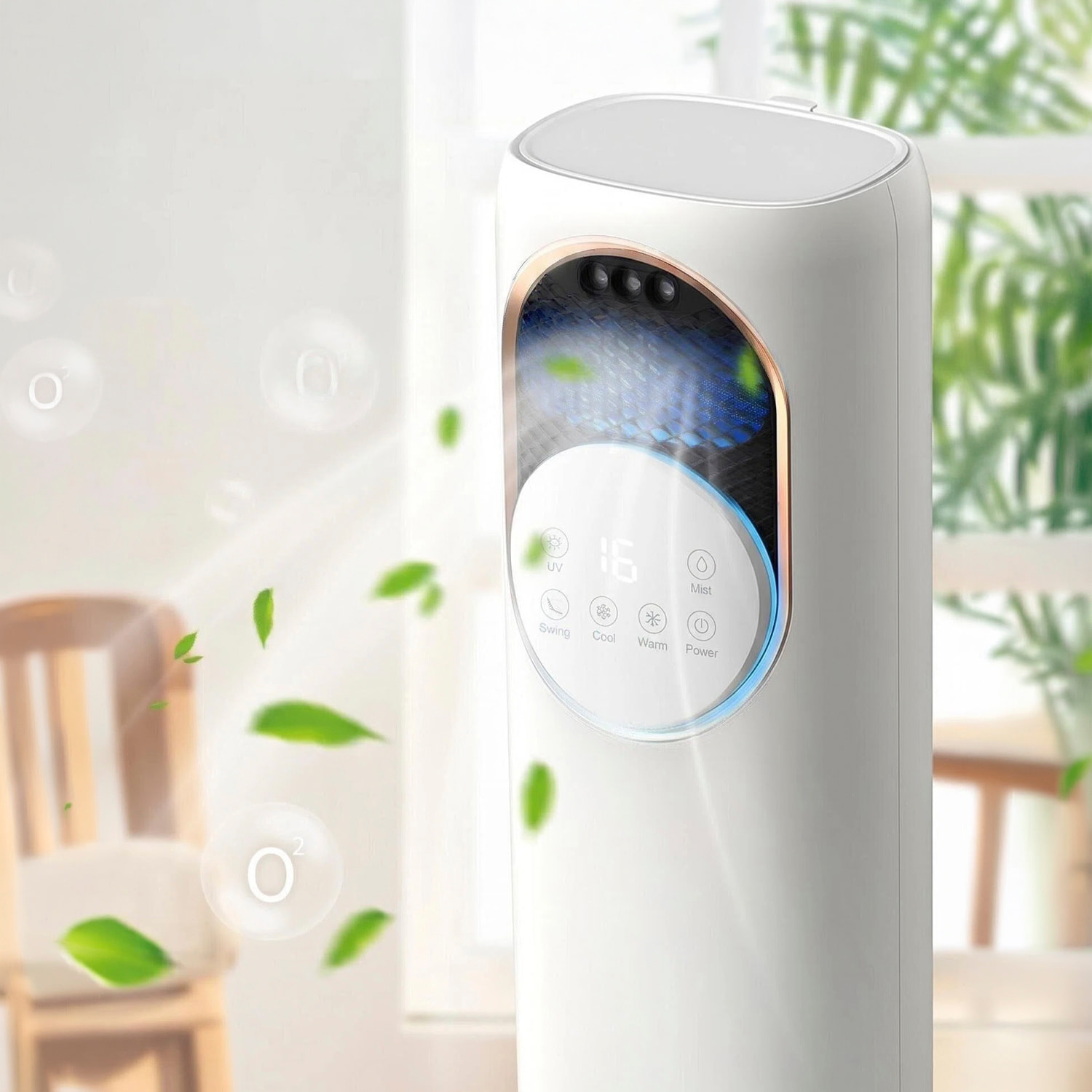 Climatizador multifunción sin aspas Q9, con calefacción y refrigeración. Con tanque de agua de 1,2L, pantalla táctil, luz esterilizadora y mando de control remoto.