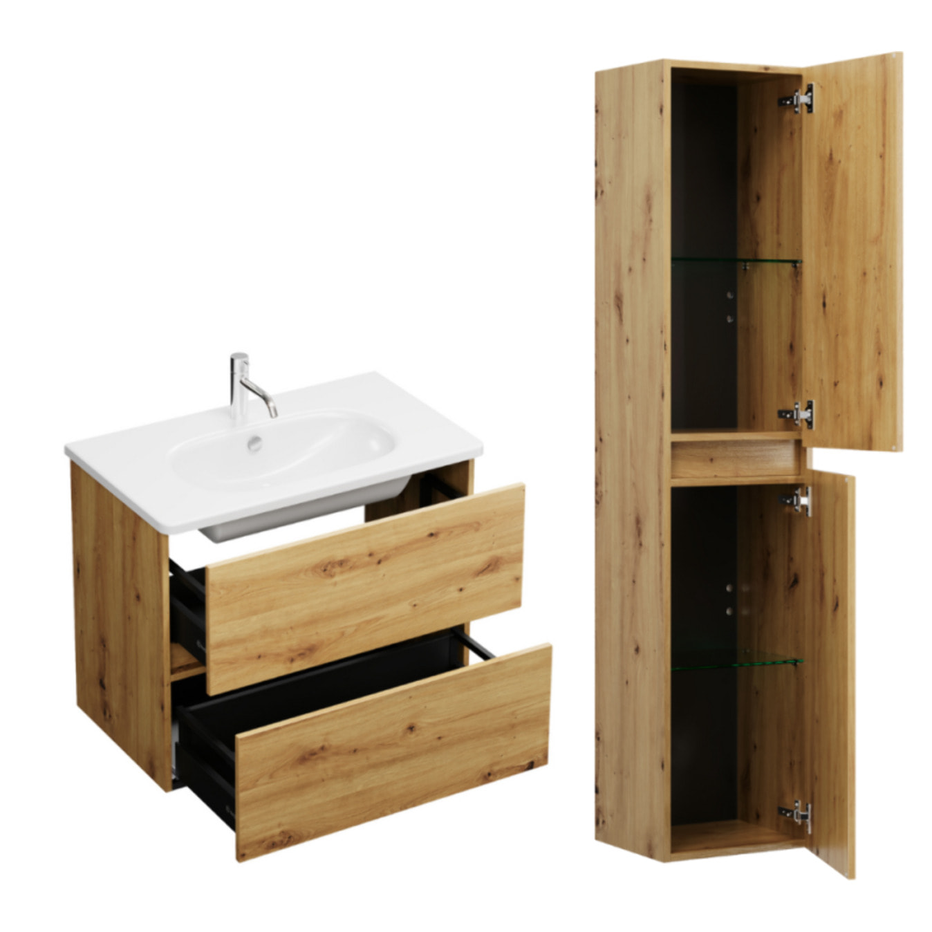 Pack meuble de salle de bain simple vasque BURGBAD Joline 80 cm chêne + colonne