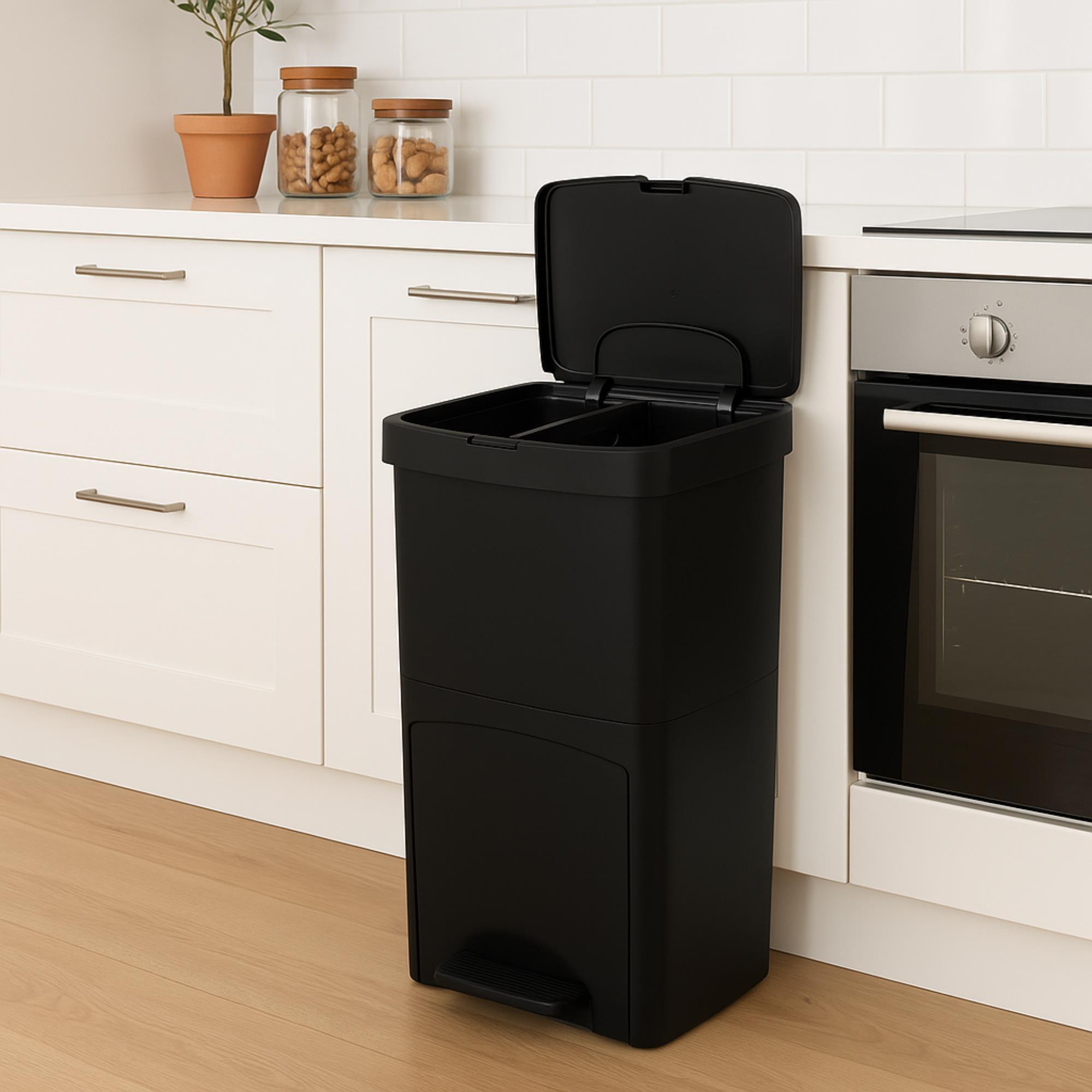 Cubo de basura o reciclaje 70l en negro, vertical, en 2 compartimentos, papelera para residuos, 76 cm de altura, fácil gestión, negro antracita