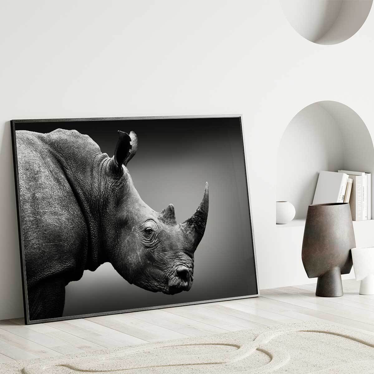 Affiche encadrée rhinocéros en noir et blanc Affiche + cadre en métal - Noir