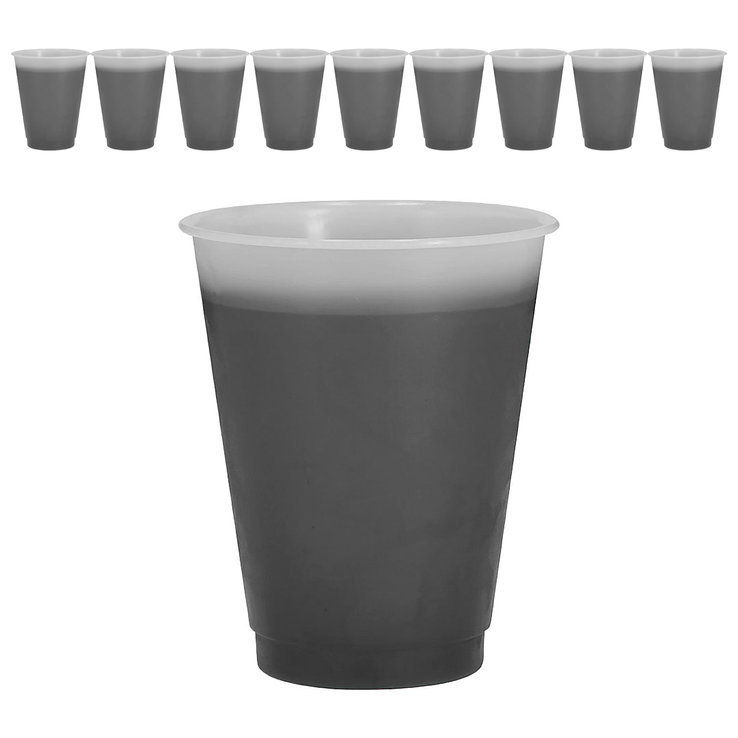 Pack de 10 Vasos con cambio de color al contacto con bebidas frías. De 500 ml de capacidad. Con acabado translúcido mate y fabricado en resistente material PP.