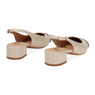Zapatos de tacón slingback para mujer beige-negros bajos en charol
