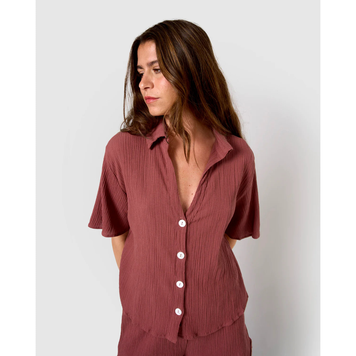 Set de camisa y short de algodón lino malva/rosa