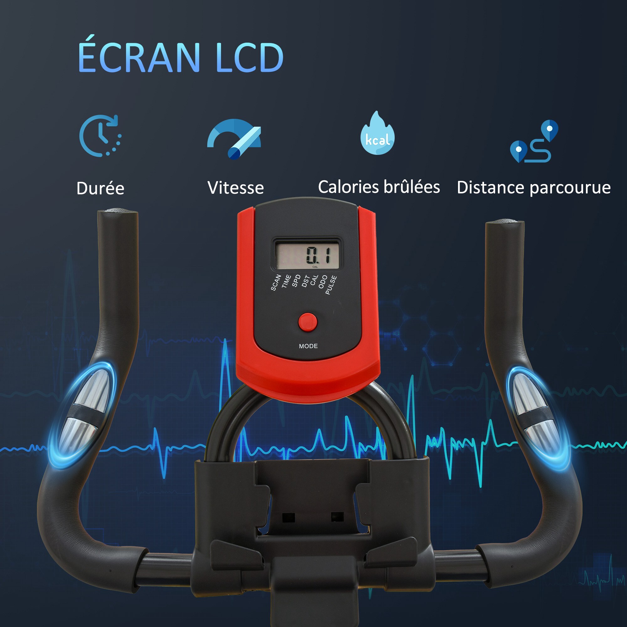 Vélo d'appartement avec écran LCD multifonctions vélo biking cardio training selle et guidon réglables volant inertie 6 Kg acier noir rouge