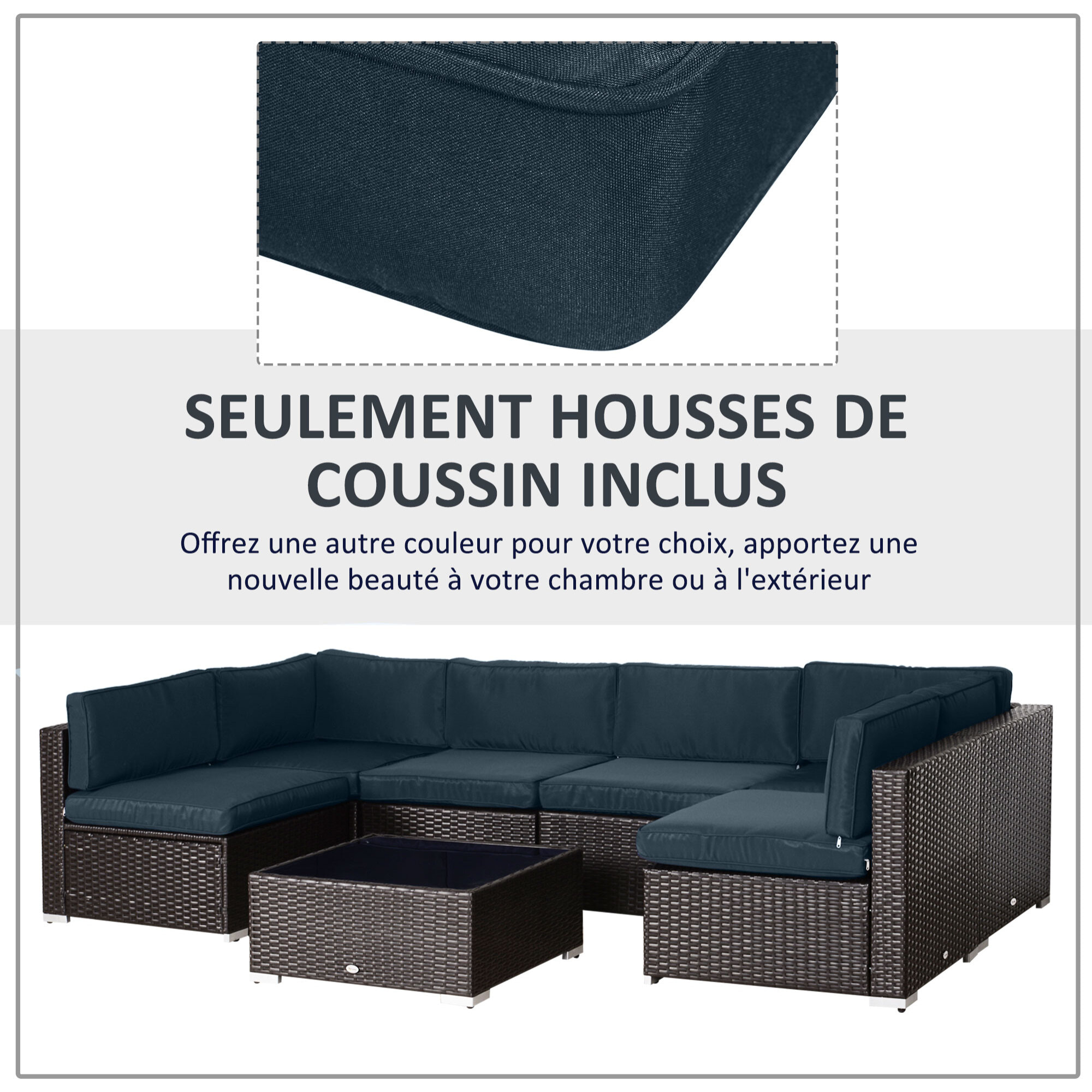 Lot de 14 housses de rechange coussins salon de jardin - 6 housses coussin d'assise, 8 housses coussin dossier - housses zippées polyester déperlant bleu