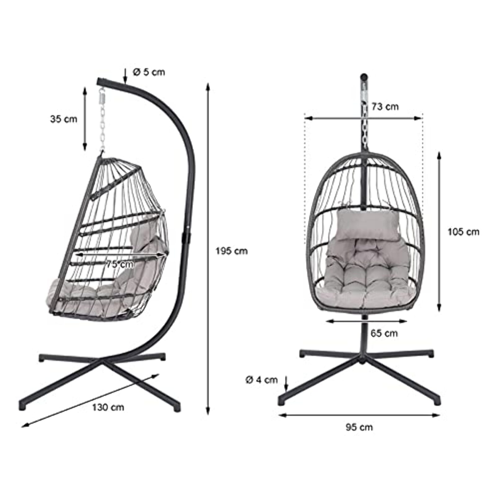Poltrona Pensile Pieghevole Grigia in Rattan Interno Esterno, Amaca da Giardino Sospesa con Cuscino imbottito incluso