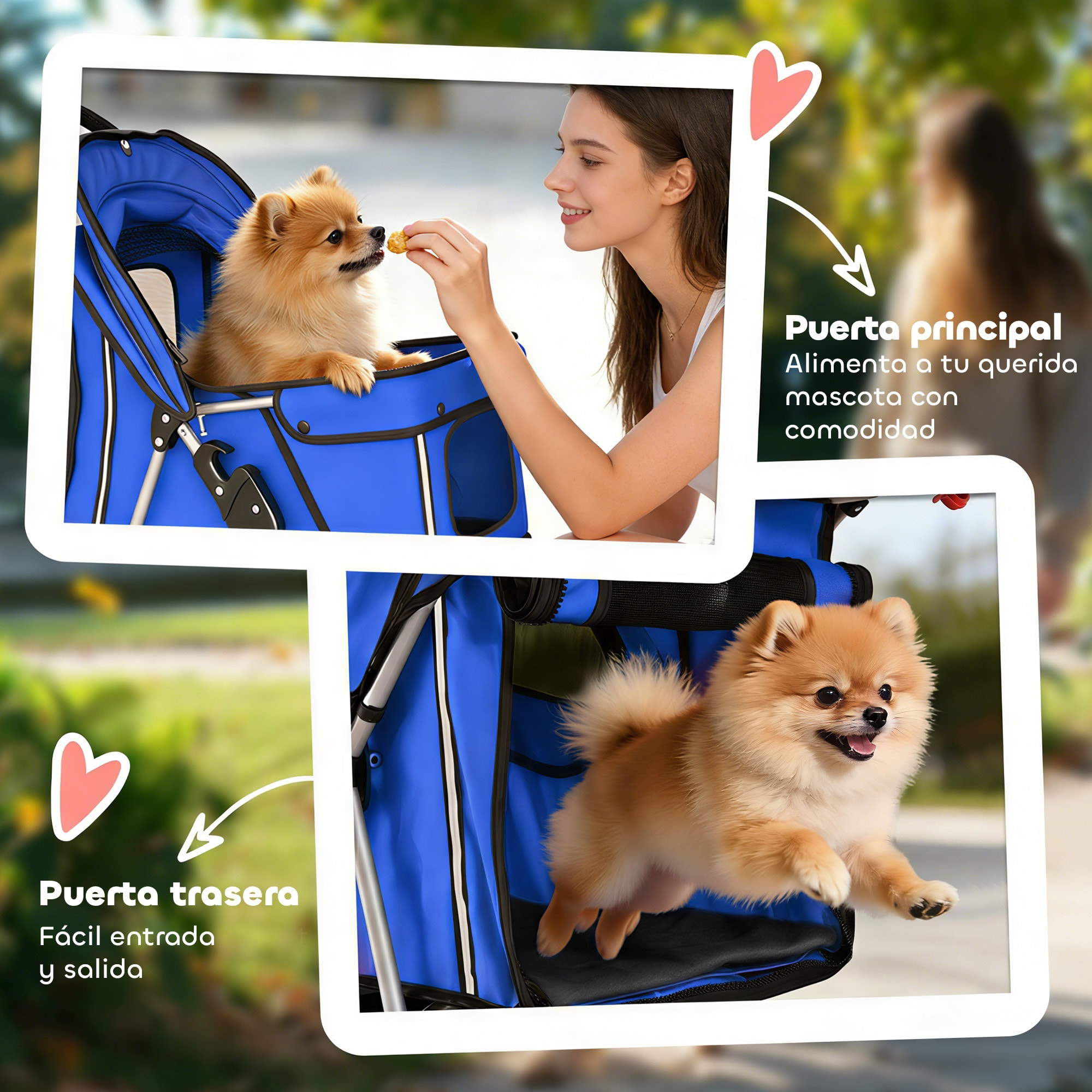 PawHut Carrito para Perros Gatos Plegable hasta 10 kg, Cochecito para Perros Pequeños con Ruedas de EVA y Frenos, Cesta de Almacenaje, Ventanas de Malla, Portavasos, Cojín Lavable, 77x44x102 cm, Azul
