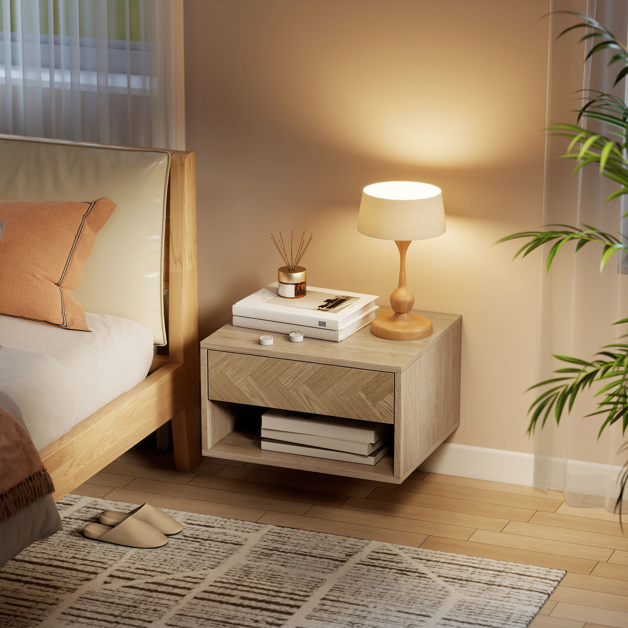 Juego de 2 Mesitas de Noche Flotantes Mesillas de Noche Mesas de Noche con Cajón y Compartimento para Dormitorio Salón 37x32x21 cm Natural