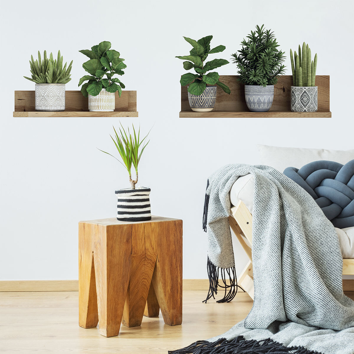 Stickers muraux 3D | Sticker Mural Autocollant effet PLANTES VERTES SUR ÉTAGÈRES - Stickers adhésifs 3D Chambre Salon Trompe l'oeil