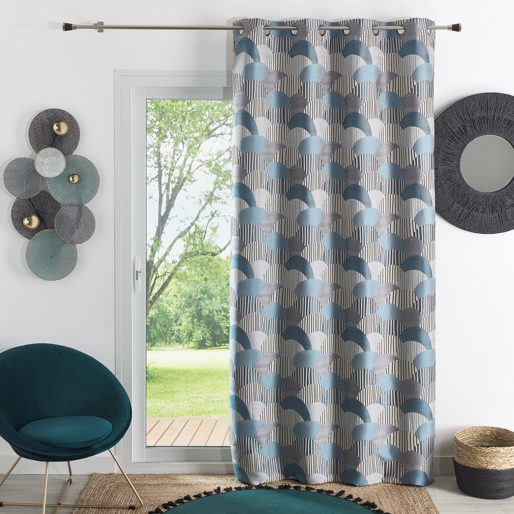 Rideau d'ameublement à jacquard arrondi - Bleu