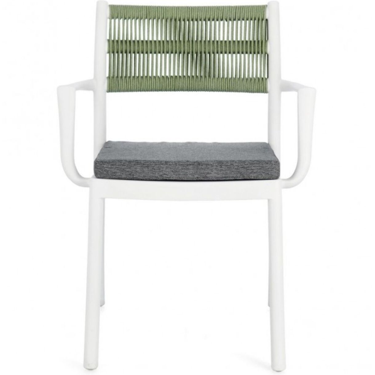 Set di 4 sedie ALVIN in polipropilene bianco e corda intrecciata verde, con braccioli