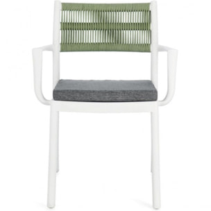 Set di 4 sedie ALVIN in polipropilene bianco e corda intrecciata verde, con braccioli