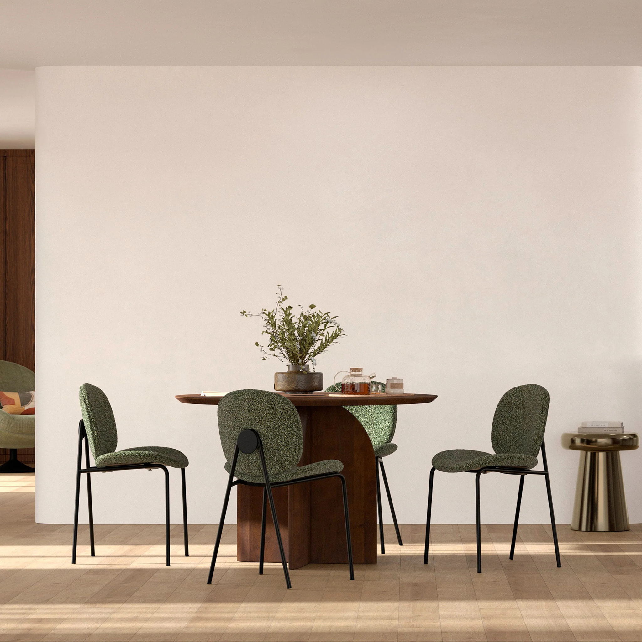 Lot de 2 chaises en tissu bouclé vert et pieds en métal noir - Iris