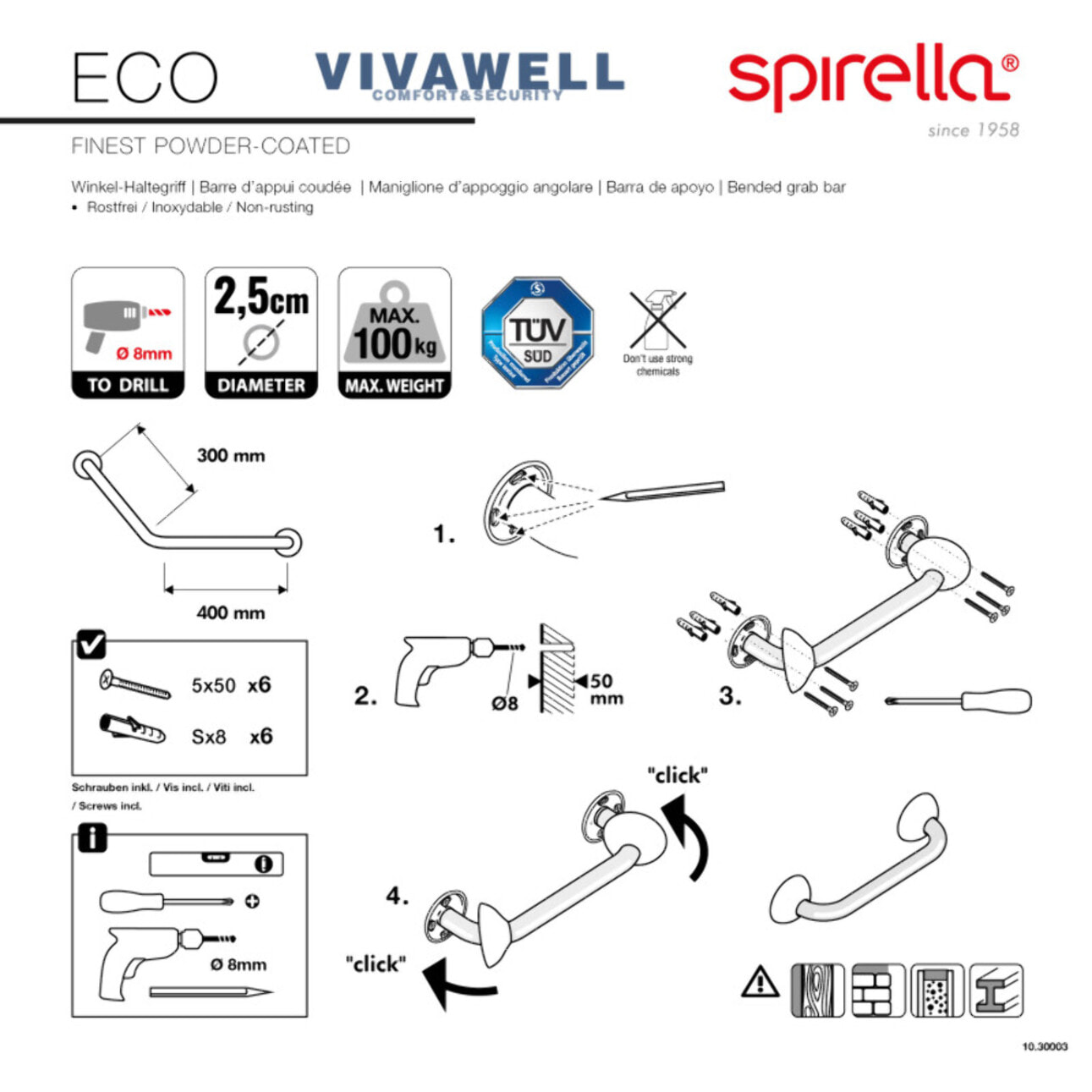 Barre de redressement ou d'appui coudée ECO Acier Inox 71cm Blanc Spirella