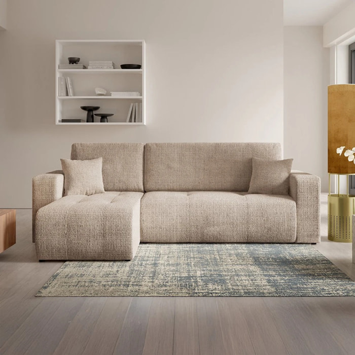 AURORE - Canapé d'angle gauche 3 places en tissu texturé taupe