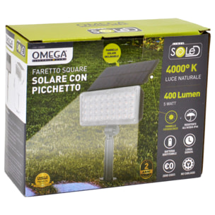 OMEGA Faretto led solare square con picchetto 5w 4000k