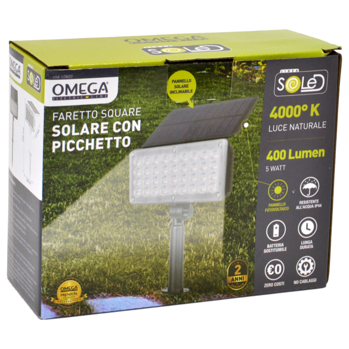 OMEGA Faretto led solare square con picchetto 5w 4000k