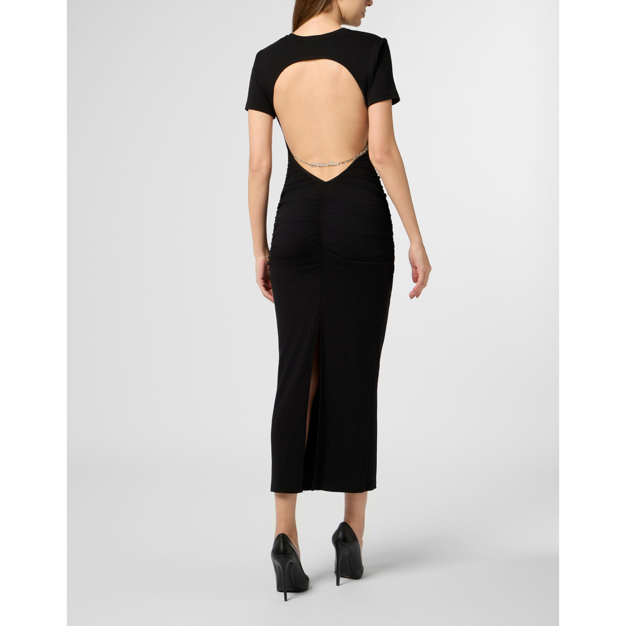PHILIPP PLEIN Open Back Maxi T-Shirt Dress Signature Pendant Signature