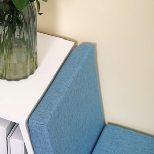 Bibliothèque banc 2 en 1 design contemporain 5 casiers 2 coussins fournis 108L x 30l x 60H cm blanc bleu chiné