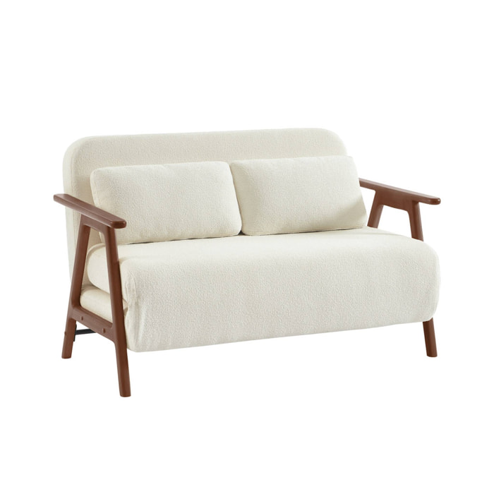 Banquette canapé convertible 2 places bois d'hévéa teinté noyer clair et bouclette texturée blanche L 133 x P 81 x 84cm - Sven