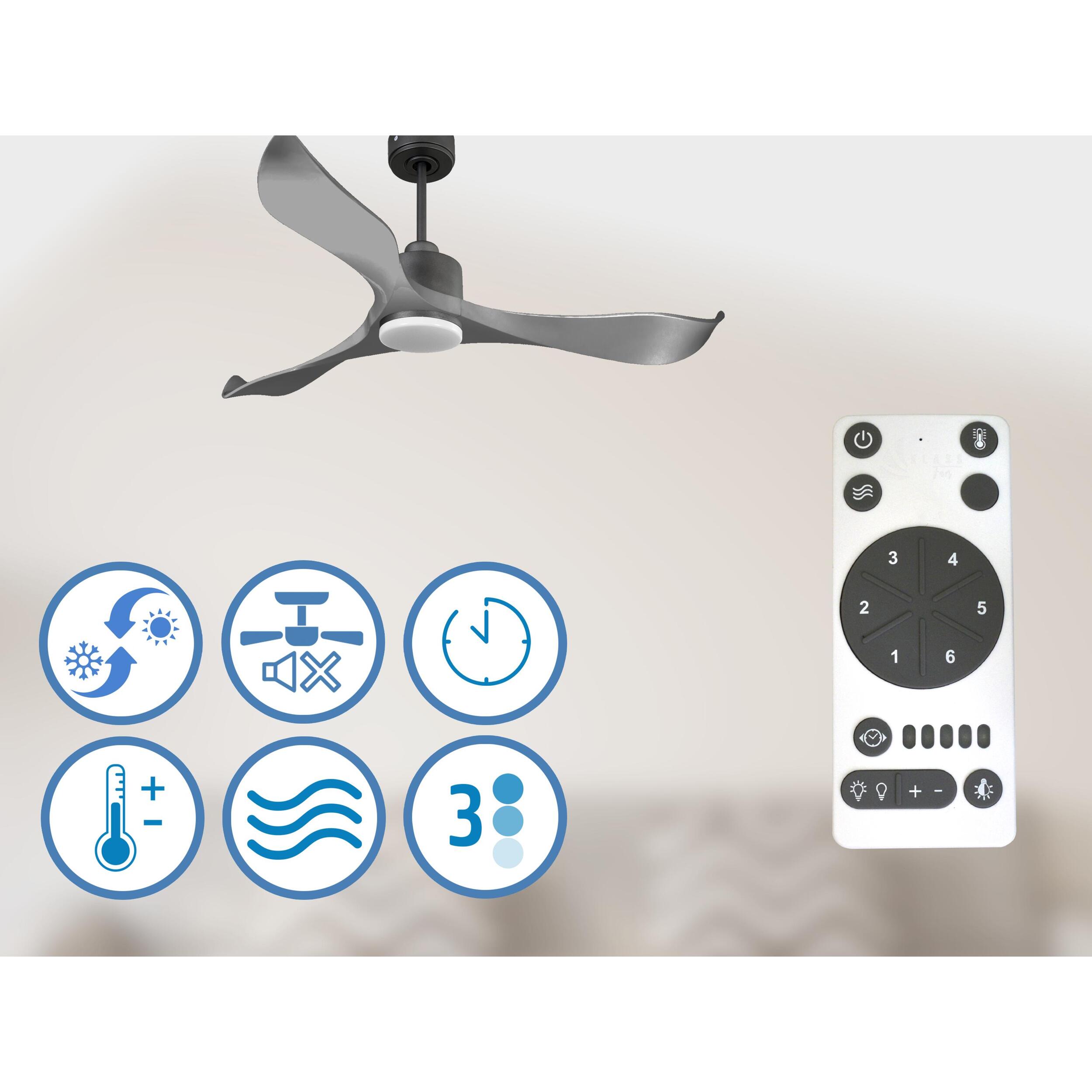 Ventilateur de plafond Réversible  Thermostat Dimmable Wifi Moteur à courant continu Toits en pente Télécommande Lumière à trois tons Mémoire