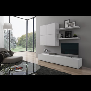 Parete Attrezzata Mobile Soggiorno Moderno Con Base TV 2 Ante Pensile 4 Ante e 2 Mensole Design Contemporaneo in Melaminico 200 x 194 x 40 cm Bianco