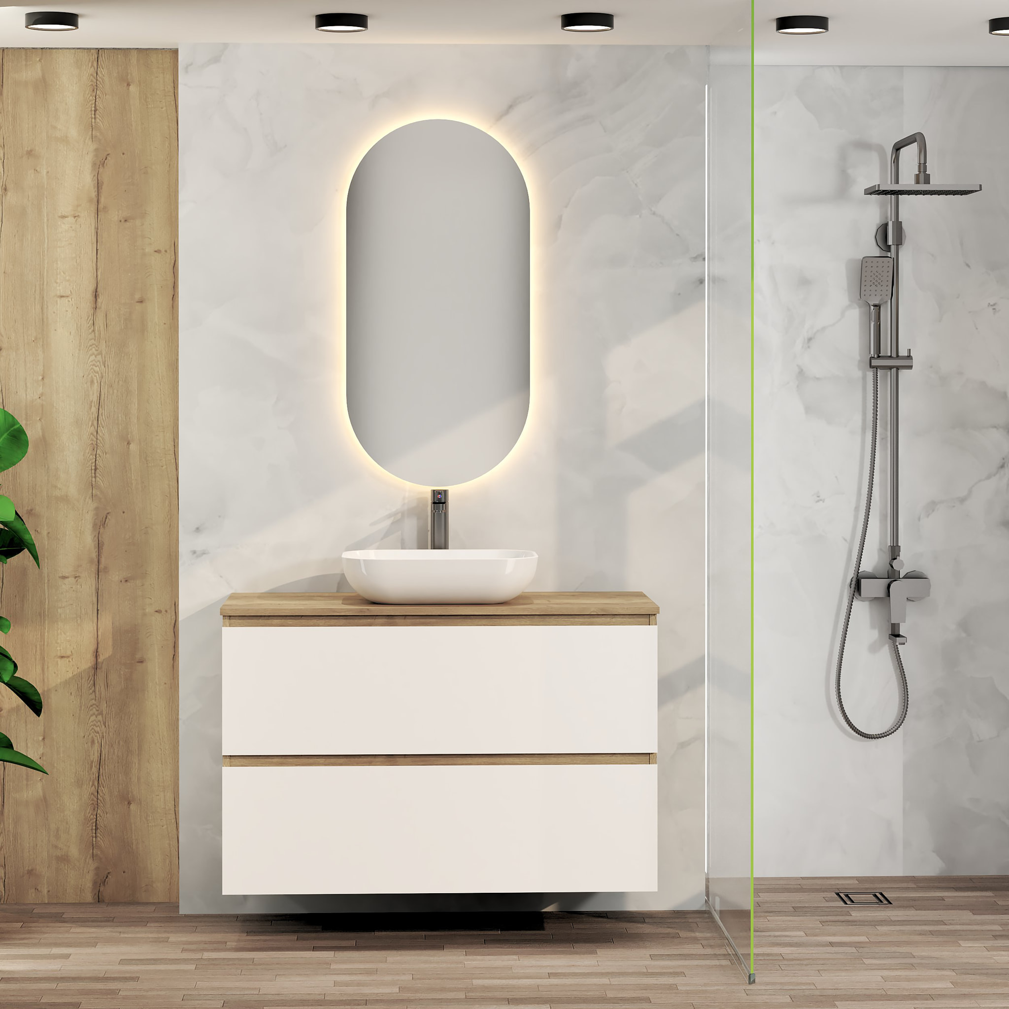 Conjunto de Baño Nia | Mueble Suspendido | 100 cm Blanco | Dos Cajones | Lavabo Sobrepuesto | No incluye Espejo | Mueble Montado| Alday