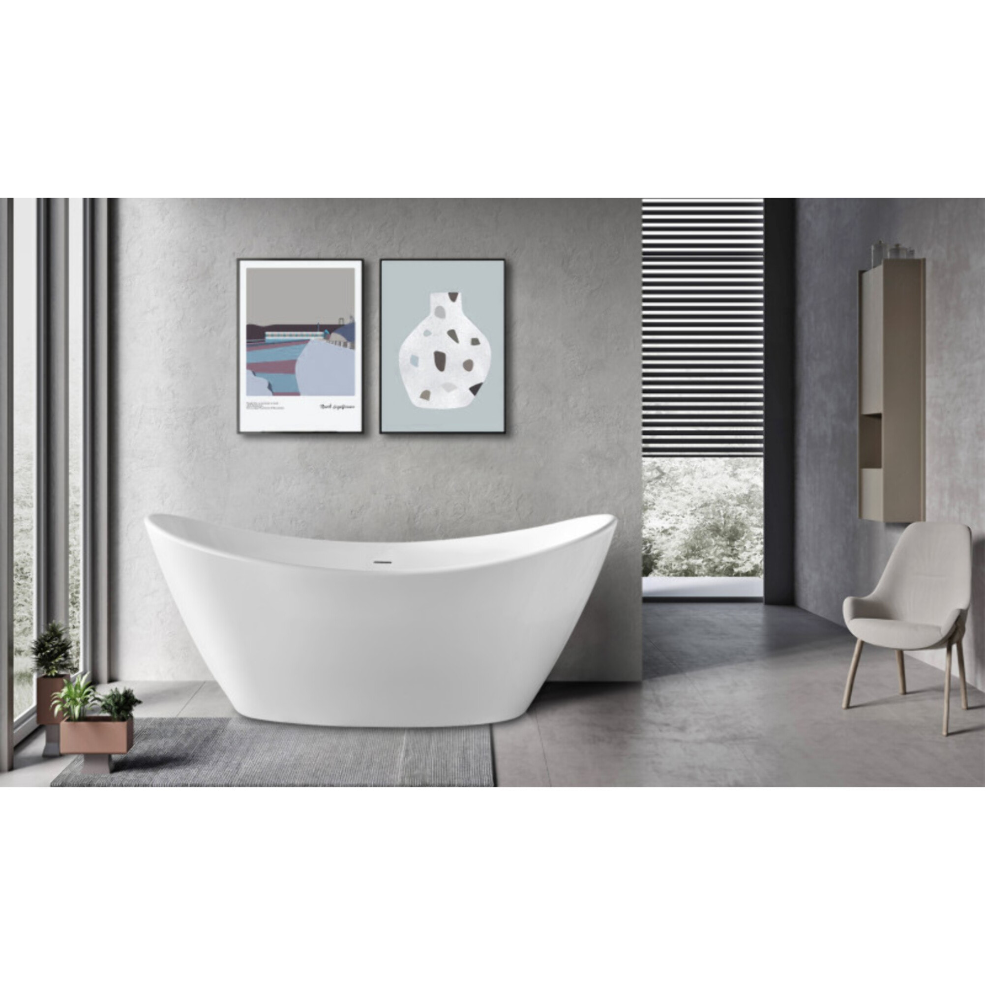 MSV - Anabelle Baignoire Îlot Ovale 170 cm en Acrylique Blanc Brillant, Baignoire 1 Place avec Vidage Central et Trop-plein Chromé