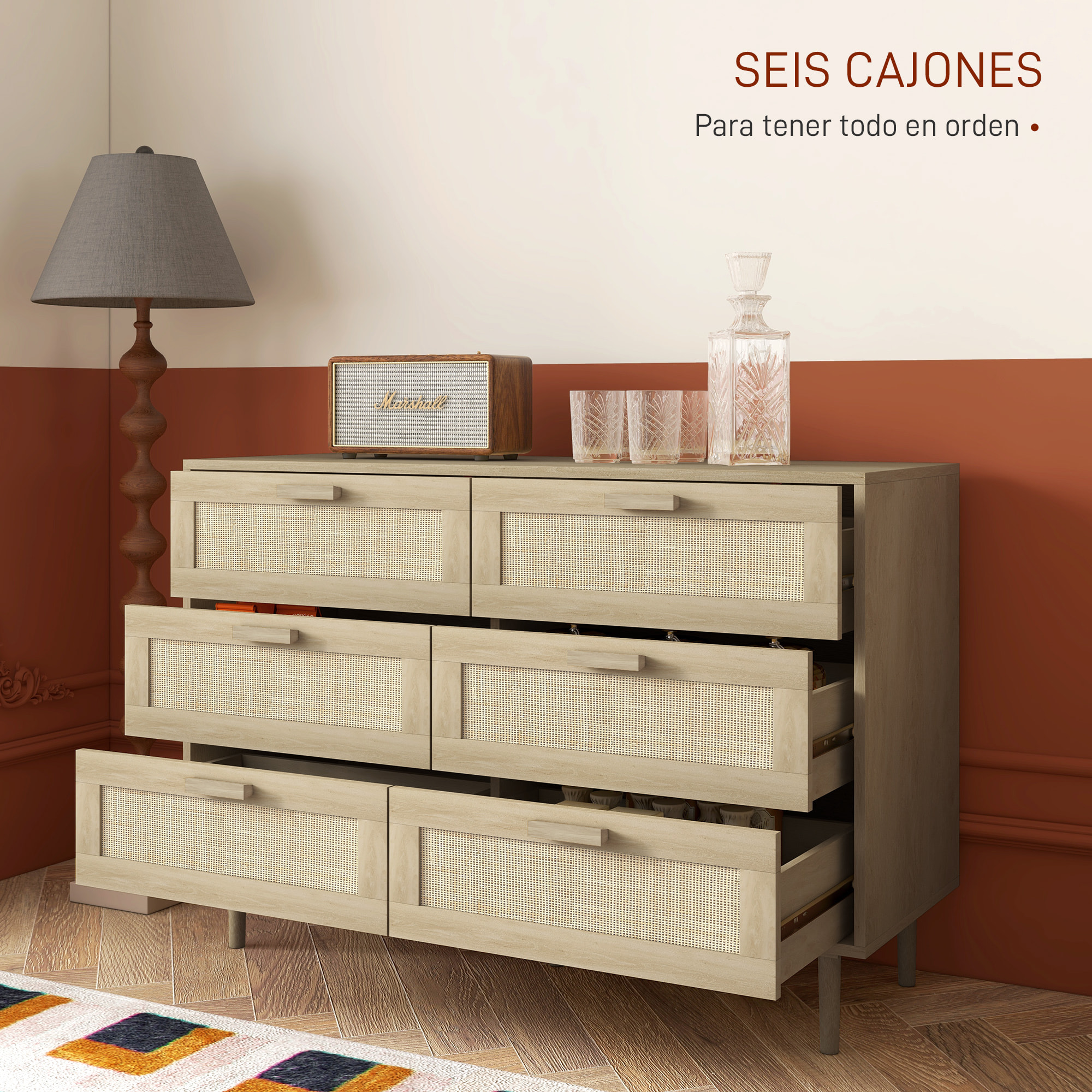 Cómoda 6 Cajones con Frontal de Ratán, Cómoda Dormitorio con Patas de Madera, Cajonera para Salón, Oficina, Estilo Bohemio, 110x40x75 cm, Roble