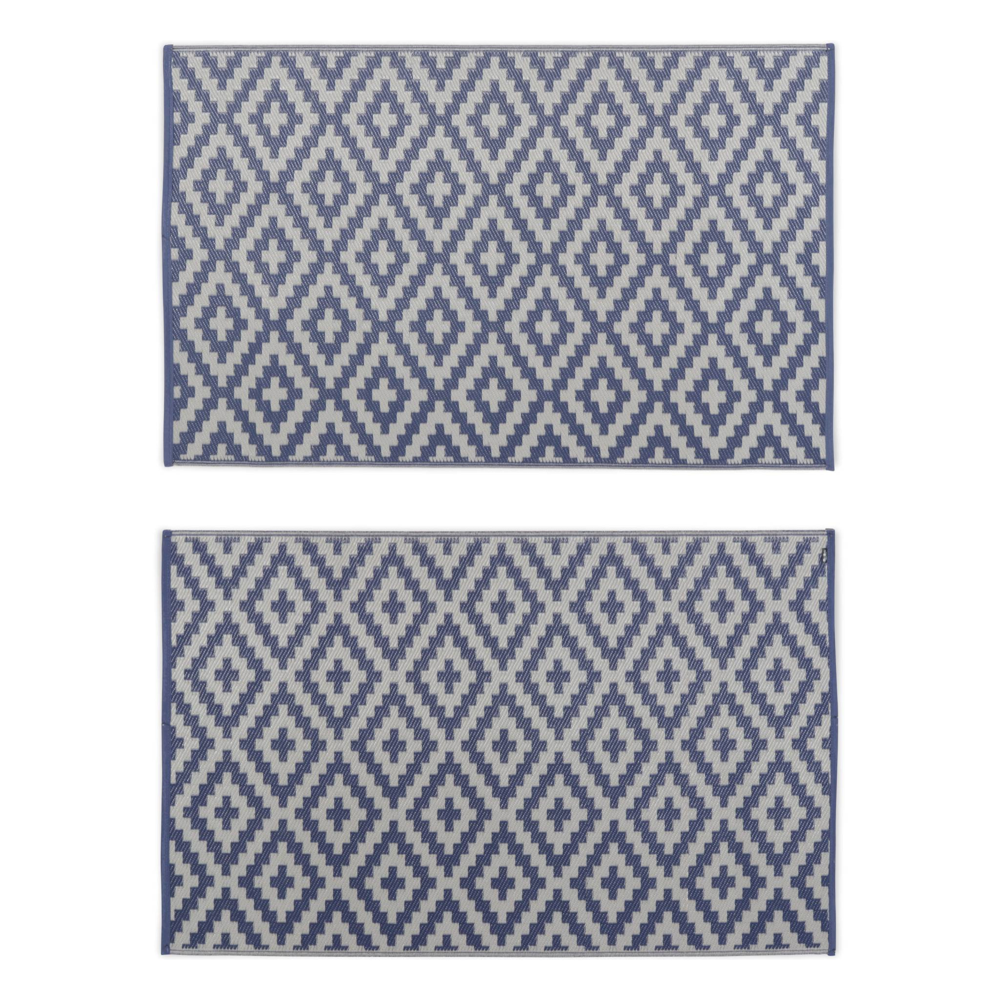 Tapis d’extérieur 120x180cm STOCKHOLM - Rectangulaire. motif losanges bleu / beige. jacquard. réversible. indoor / outdoor.