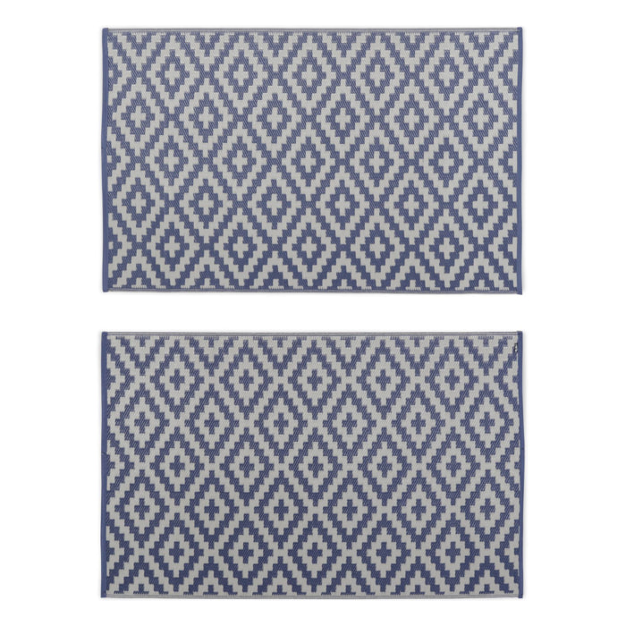 Tapis d’extérieur 120x180cm STOCKHOLM - Rectangulaire. motif losanges bleu / beige. jacquard. réversible. indoor / outdoor.