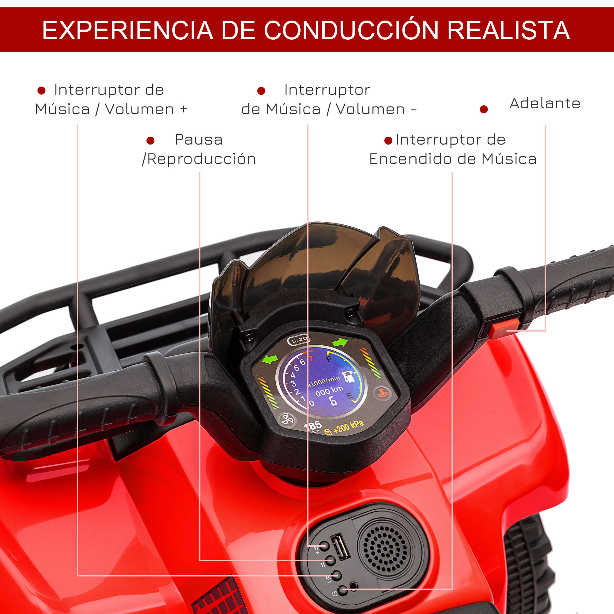 Quad Eléctrico para Niños de +18 Meses Vehículo Eléctrico a Batería 6V Infantil con Velocidad de 2 km/h y Avance 70x42x45 cm Rojo