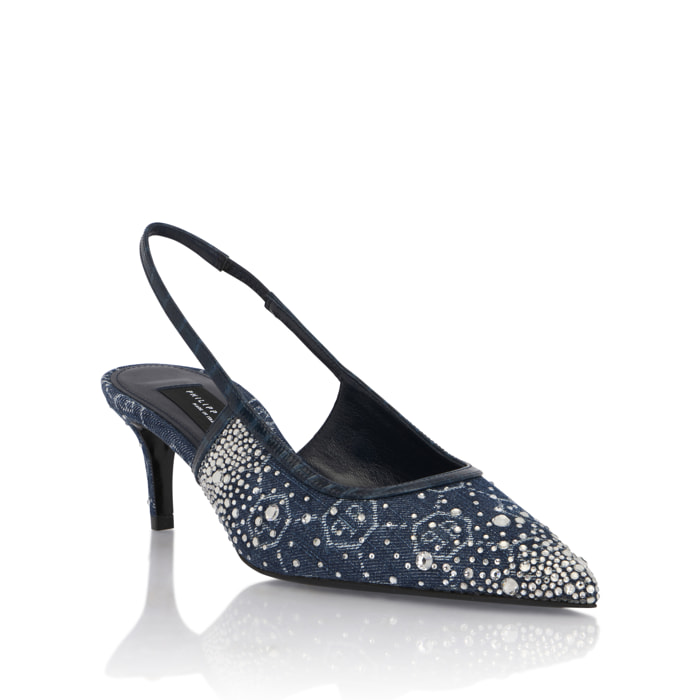 PHILIPP PLEIN Denim Mid Heels Slingbacks Monogram Strass