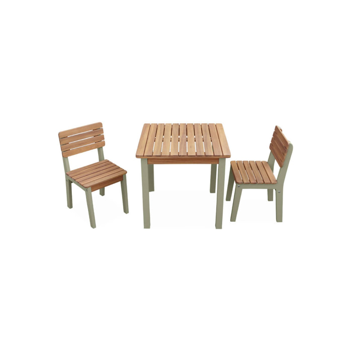 Table en bois d'acacia pour enfant. vert d'eau. intérieur et extérieur avec 2 chaises