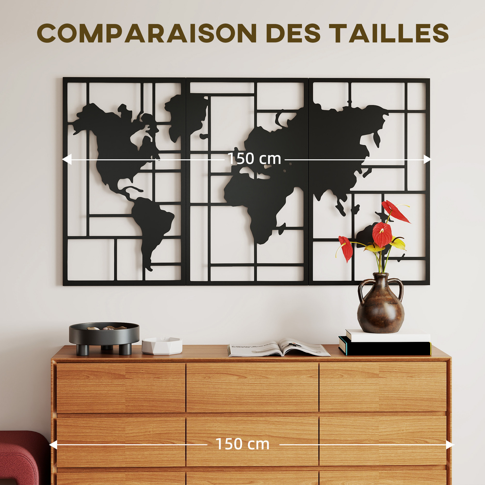 Lot de 3 décorations murales métal design graphique carte du monde métal noir