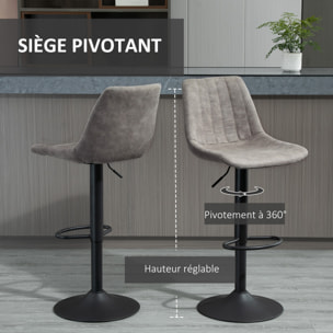 Lot de 2 tabourets de bar style vintage hauteur réglable pivotant repose-pied gris