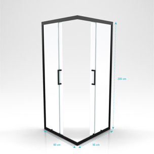 Porte de douche carrée - 90x90x200 cm - PROFILE NOIR MAT - verre trempé 6mm