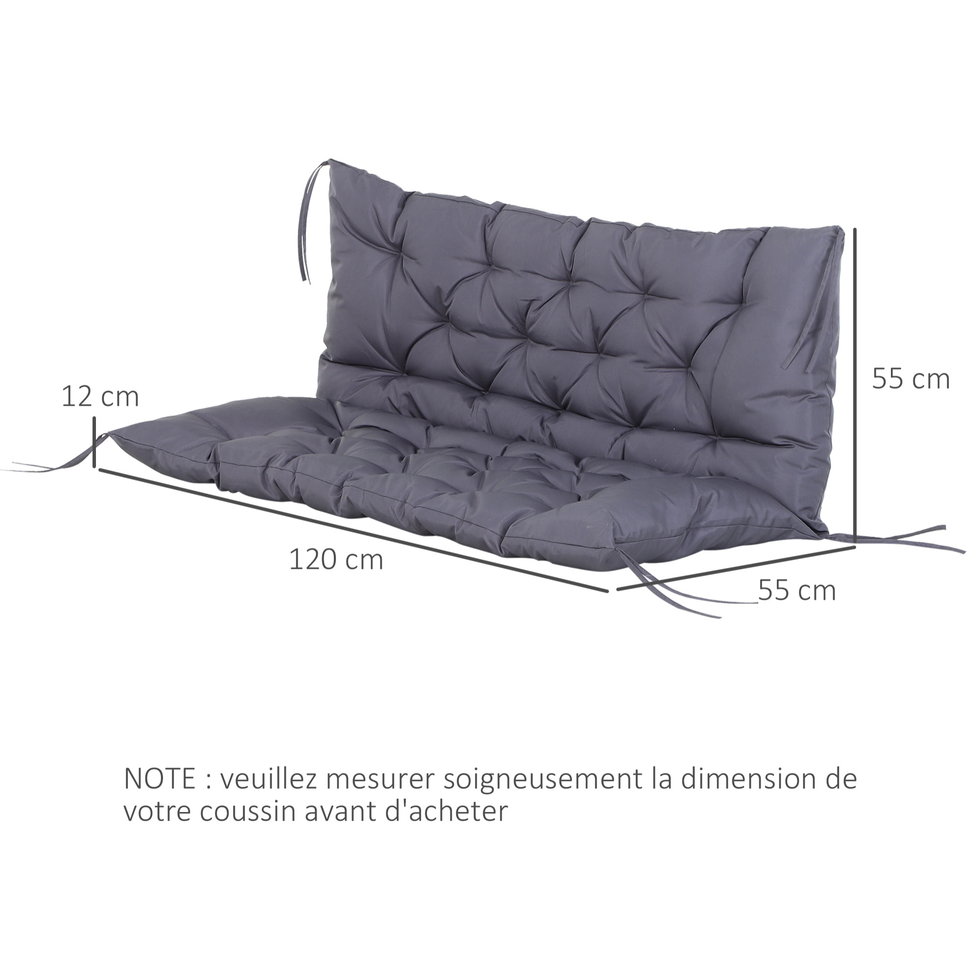 Coussin matelas assise dossier pour banc de jardin balancelle canapé 2 places grand confort 120 x 110 x 12 cm gris