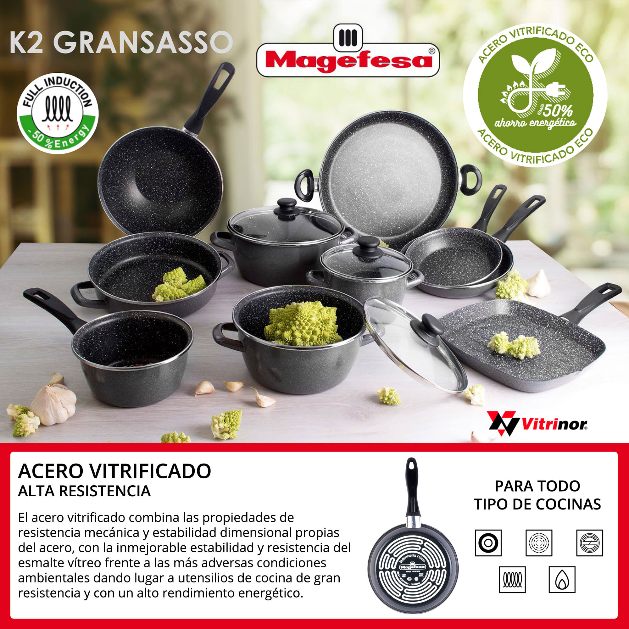 Magefesa K2 Gransasso - Set Juego 3 Sartenes 18-20-24 Cm, Antiadherente mármol