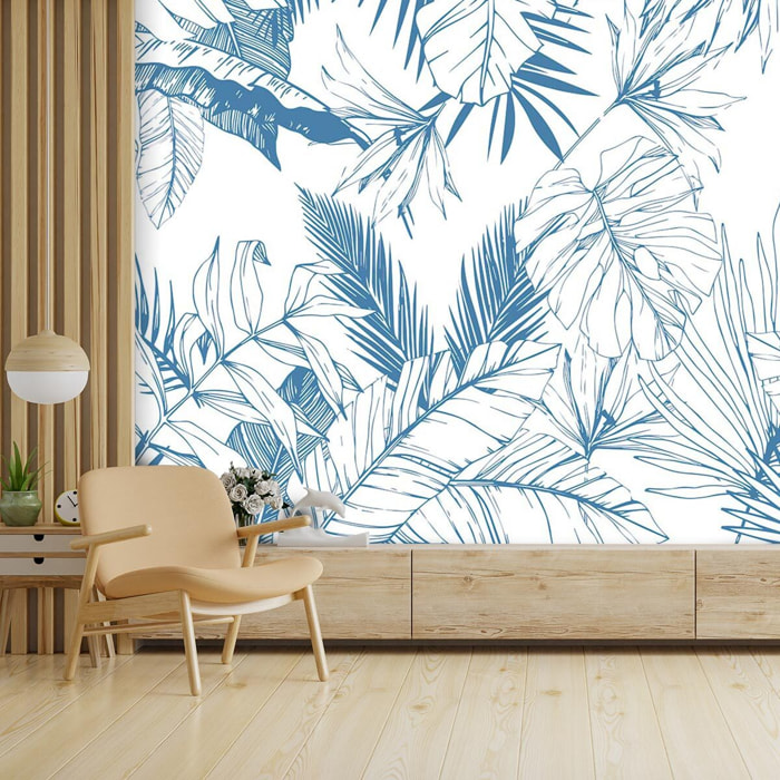 Papier peint feuilles tropicales bleues Intissé