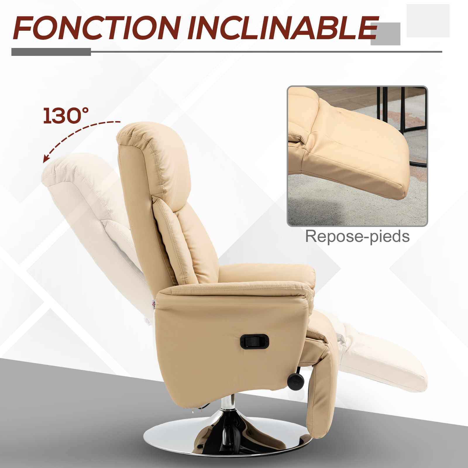 Fauteuil relax inclinable repose-pied réglable pivotant 360° piètement métal chromé revêtement synthétique beige