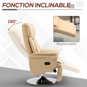 Fauteuil relax inclinable repose-pied réglable pivotant 360° piètement métal chromé revêtement synthétique beige