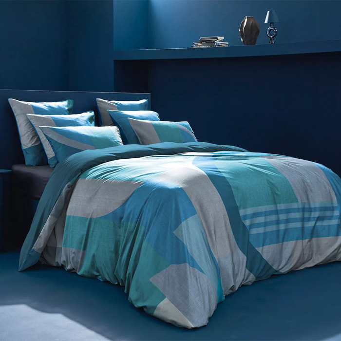 Lot h.couette +taies satin de coton imprimé bleu canard Livio petrole