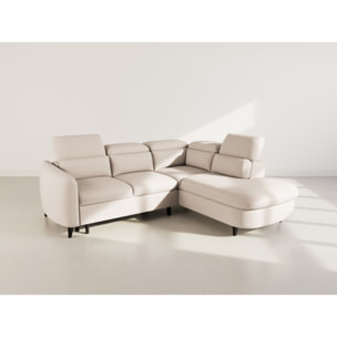 Opaline - Canapé d'angle droit 5 places convertible avec têtières et coffre en tissu texturé - Beige